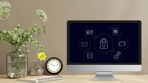 Clean minimalistic office desk view with data protection Stock Footage 281540231