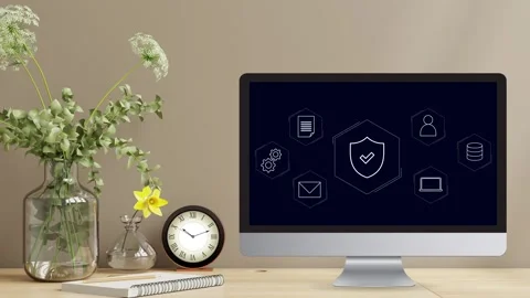Clean minimalistic office desk view with data protection Stock Footage 281540233