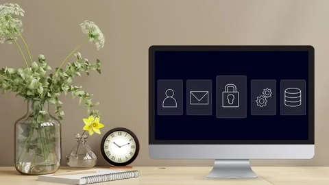 Clean minimalistic office desk view with data protection Stock Footage 281540234