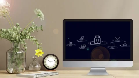 Clean minimalistic office desk view with data protection Stock Footage 281540238