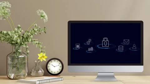 Clean minimalistic office desk view with data protection Stock Footage 281540239