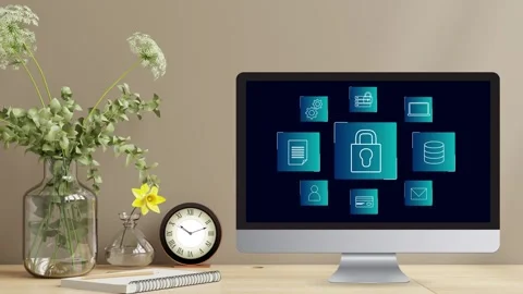 Clean minimalistic office desk view with data protection Stock Footage 281540244