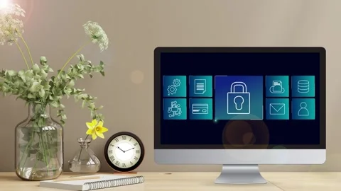 Clean minimalistic office desk view with data protection Stock Footage 281540245