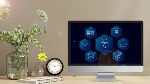Clean minimalistic office desk view with data protection Stock Footage 281540251
