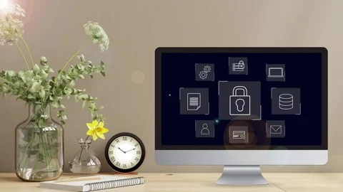 Clean minimalistic office desk view with data protection Stock Footage 281540253