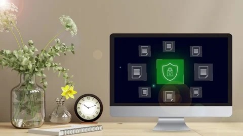 Clean minimalistic office desk view with data protection Stock Footage 281540259