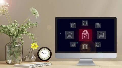 Clean minimalistic office desk view with data protection Stock Footage 281540266