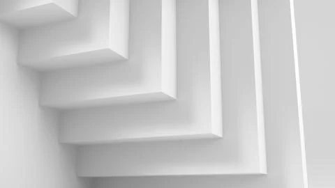 A clean, monochrome composition featuring layered white stairs, 3d render Stock Illustration