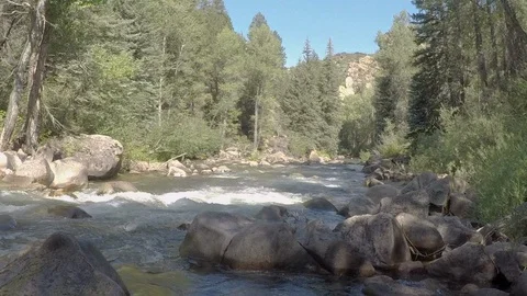 Clean mountain water runs down small mountain river over rocks and boulders Stock Footage 99670639