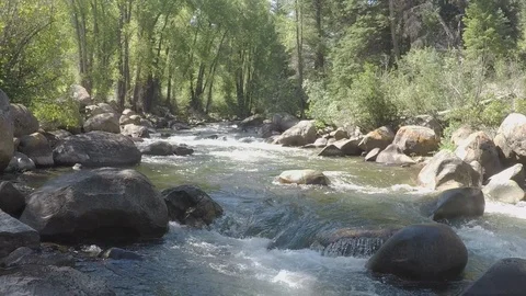 Clean mountain water runs down small mountain river over rocks and boulders Stock Footage 99671579