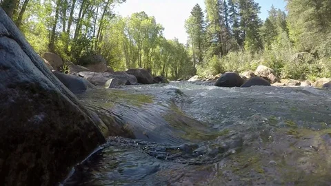 Clean mountain water runs down small mountain river over rocks and boulders Stock Footage 99673276