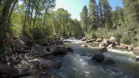 Clean mountain water runs down small mountain river over rocks and boulders Stock Footage 99674467