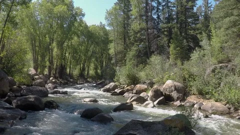Clean mountain water runs down small mountain river over rocks and boulders Stockbeeldmateriaal 99674822