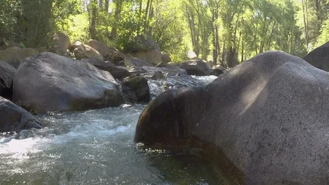 Clean mountain water runs down small mountain river over rocks and boulders Stock Footage 99676433