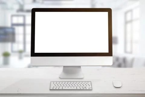 Clean office desk with computer display, keyboard and mouse. Isolated screen  Stock Photos