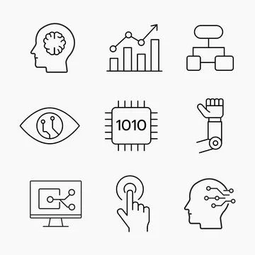 Clean outline icons of artificial intelligence, robotics, automation Stock Illustration