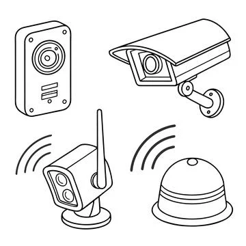 Clean Outline Icons: Security Devices including CCTV Illustrazione stock