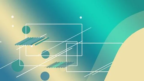 Clean outlined rectangles, rounded circles, and streaking lines form layere.. Illustrazione stock