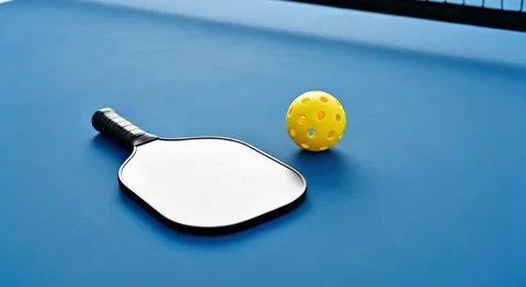 Clean Pickleball Paddle Without Logo and Yellow Ball on Blue Court Stock Footage 317662231