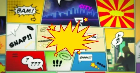 Clean placeholder speech bubble text in the foreground of colorful comic strip Stock Illustration