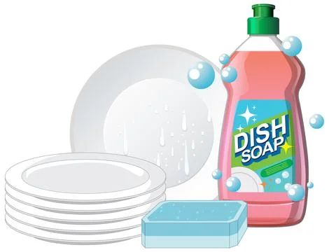 Clean Plates and Dish Soap with Sponge Illustration Stock Illustration