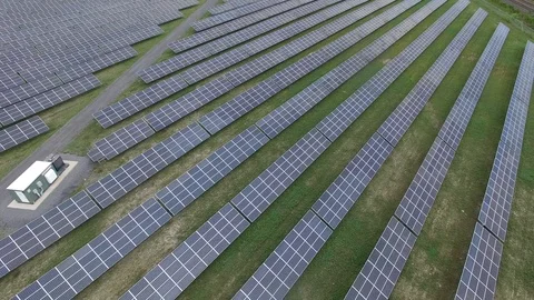Clean power produced by solar panel plant in Canada viewed by drone Stock Footage 94942521
