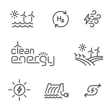 Clean, renewable energy line icons. Stock Illustration