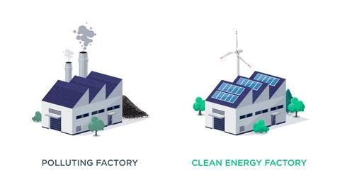 Clean Renewable Solar Wind and Fossil Fuel Dirty Polluting Factories Stock Illustration