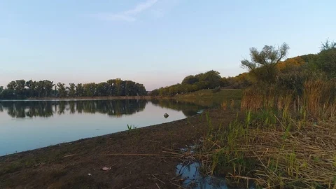 A clean river reflecting an image of the trees in the background, filmed with Stock Footage 113426941