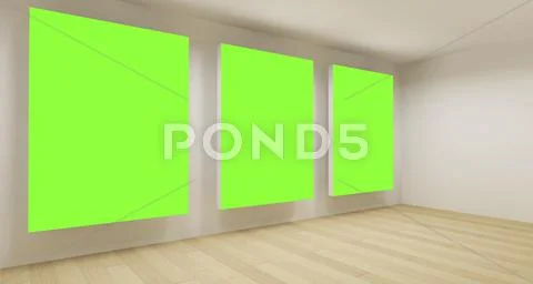 Clean school room, empty 3d space with three green chroma key frames Stock Illustration