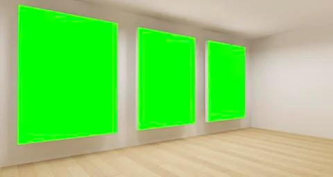 Clean school room, empty 3d space with three green chroma key frames Stock Illustration