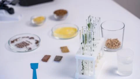 Clean scientific workspace with test tubes, petri dishes, and glass containers Stock-Fotos