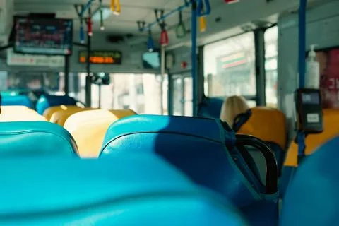 Clean Seats and Interior of an Empty Public Bus in Seoul, Korea Stock Photos