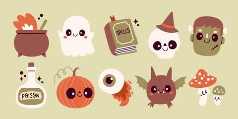 A clean set of ten cute Halloween icons featuring Frankenstein, a ghost, a Stock Illustration
