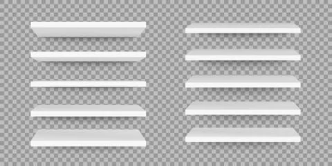 Clean shelf on wall. Empty store stand in the supermarket, front view Stock-Illustration