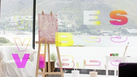 Clean shot starting VIBES text stacking over wooden easel, hiding then fading to Stock Footage 333803510