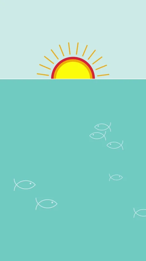 Clean, simple graphic of sun over water with stylized fish in flat design, .. Video stock 270687566