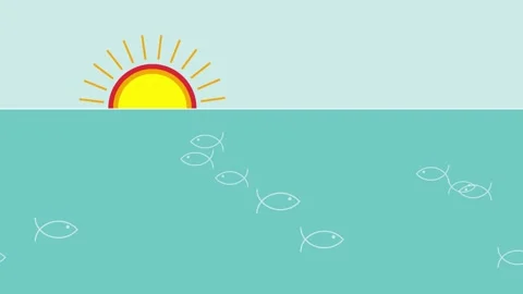 Clean, simple graphic of sun over water with stylized fish in flat design, .. Stock Footage 270690626