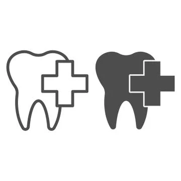 Clean single tooth with plus line and solid icon. Teeth care with cross symbol Stock Illustration