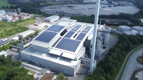 Clean solar rooftop installation on modern office building aerial view Stock Footage 158304684