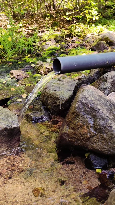 Clean spring water pouring from pipe in forest. vertical. Stock-Footage 332402515