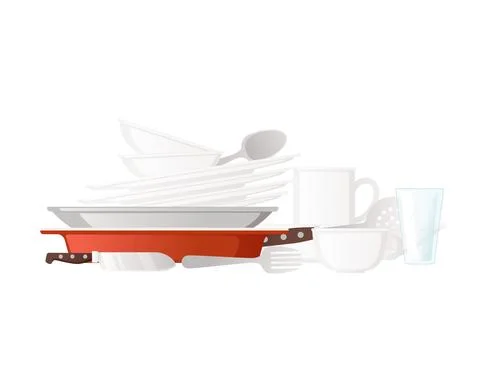 Clean stack of kitchen dishware and utensils vector illustration on white Stock Illustration