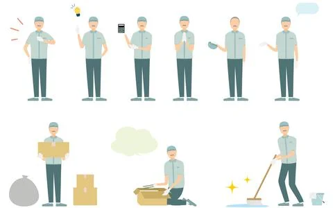 Clean staff 9 pose set, whole body Stock Illustration