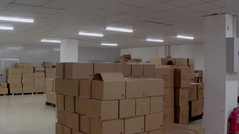 Clean storage facility filled with hundreds of packaged goods. Boxes Stock Footage 274254364