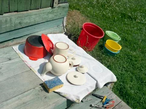 Clean Table Ware On Porch 写真素材