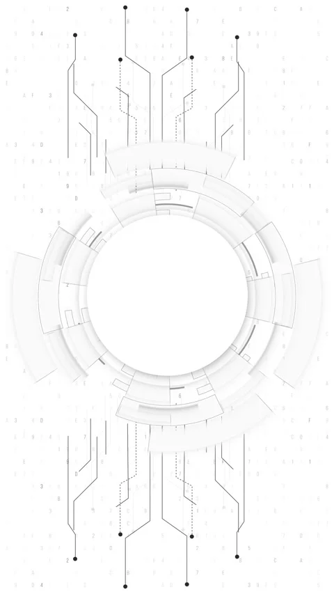 Clean technology circle interface with white digital rings, black circuit lines Stock Footage 334128539