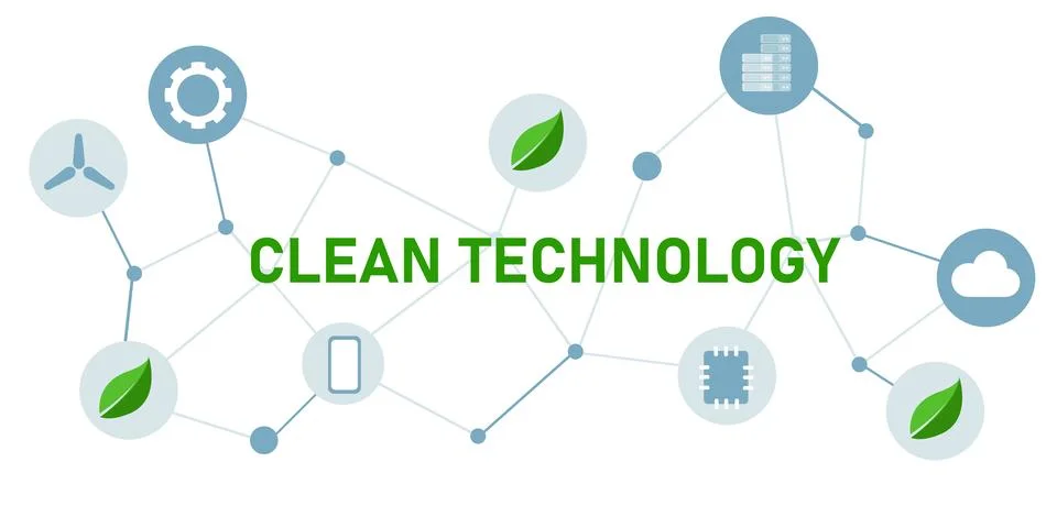 Clean technology concept of green tech leaf gear chip smartphone server and Stock Illustration