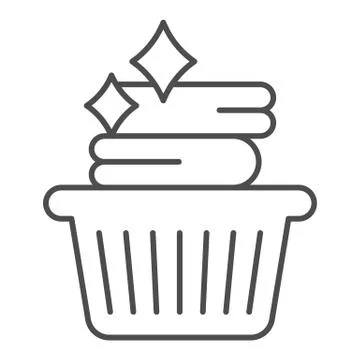 Clean textile in plastic basket thin line icon, Hygiene routine concept, Laundry Stock Illustration