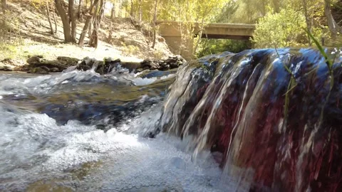 Clean tiny waterfall and small meton bridge with green grass growing 4K Stockbeeldmateriaal 162496547