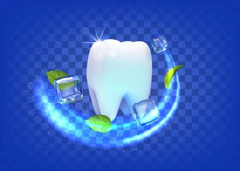 Clean tooth. Fresh ice and mint leaves, white smile mouth, cold breath, dental Stock Illustration